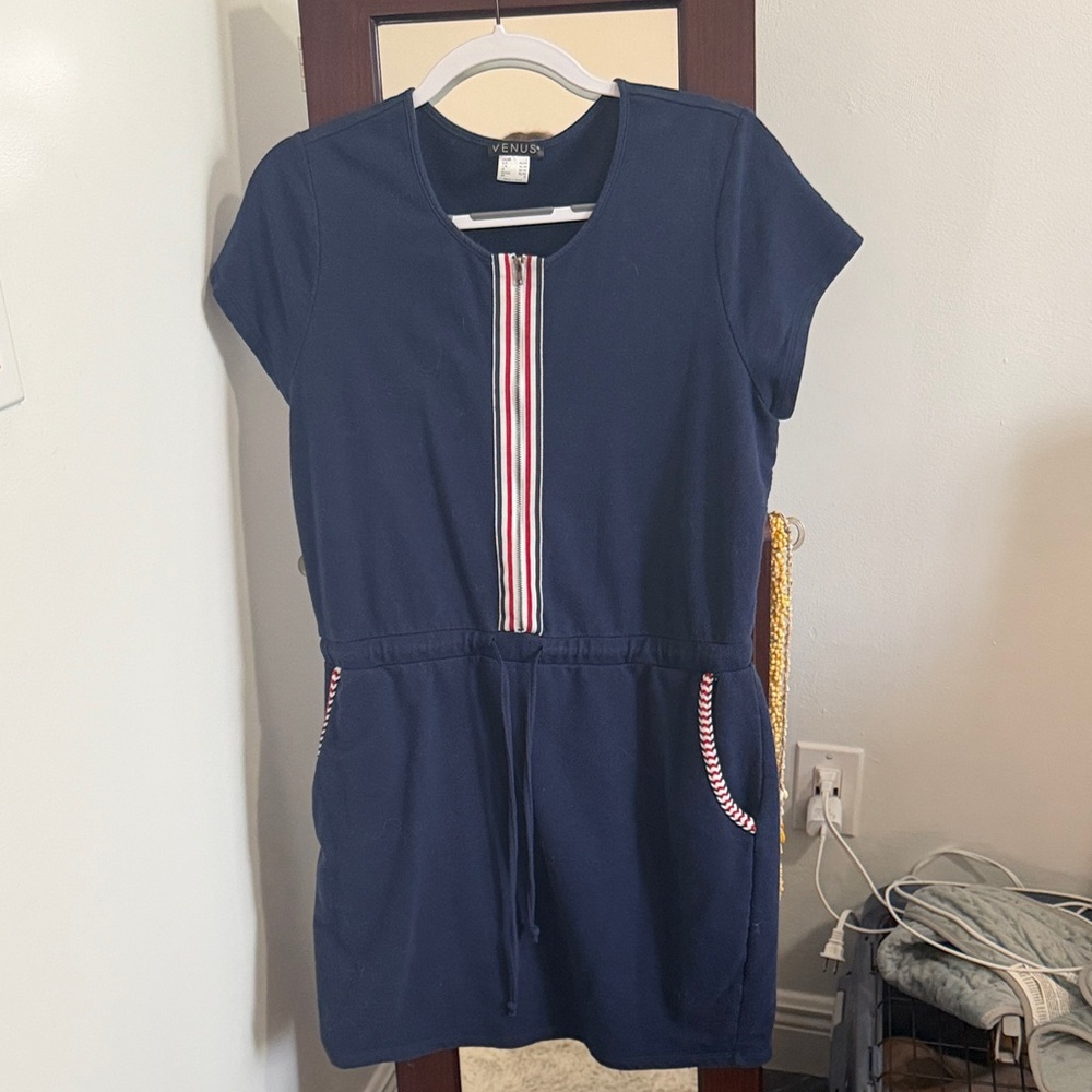 VENUS Navy Zip UpDress with Red and White Stripes and pockets